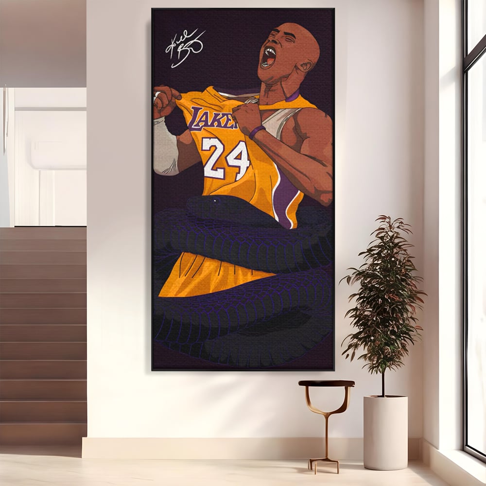 Tablou canvas cu ilustratie digitala portret kobe bryant, in rama de aluminiu negru